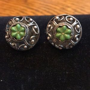 Ladies green flower sterling silver earrings